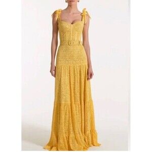 Nadine Merabi "Miranda" Yellow Lace Maxi Dress Bow Straps Corset Bodice Tie Belt